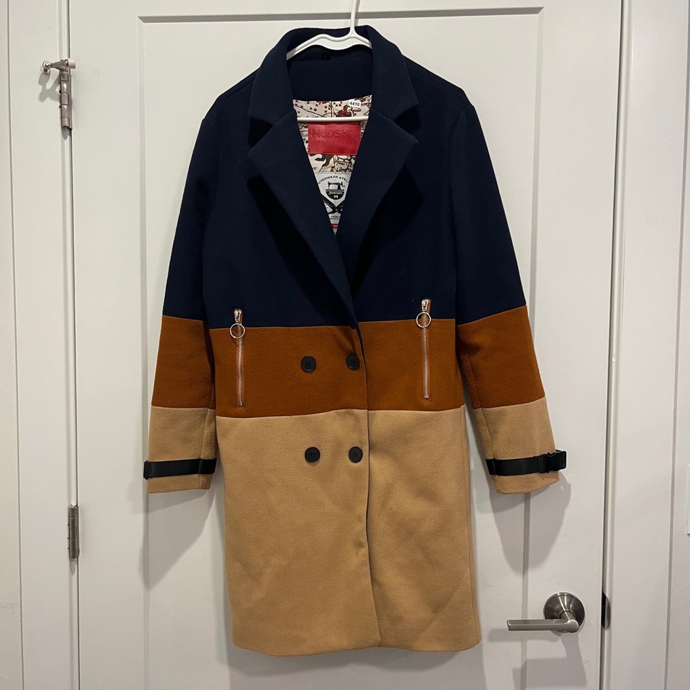 Hudson Outerwear Colorblock Double Breasted Overcoat Navy Tan Rust Small